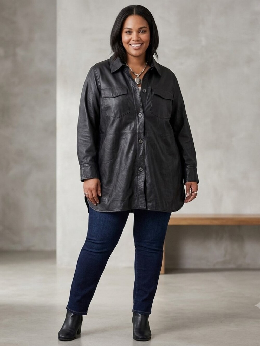 Tahari Leather Shirt Jacket(Plus Size)